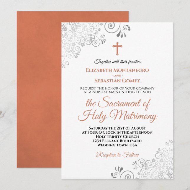 Elegant Terracotta & Grey Modern Catholic Wedding Invitation (Front/Back)