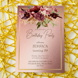Elegant terracotta maroon fall flowers birthday invitation