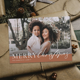 Elegant Terracotta Merry Christmas Floral Photo Holiday Card