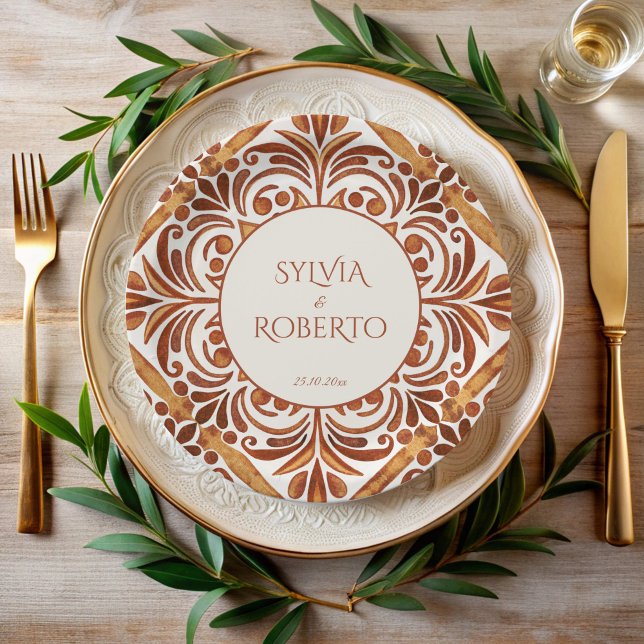 Elegant Terracotta Mexican Talavera wedding Paper Plate (Elegant Terracotta Talavera vintage Mexican wedding monogrammed  Paper Plates personalized decor)