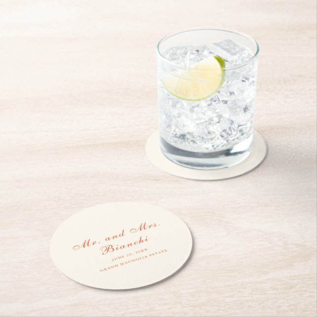 Elegant Terracotta Modern Classic Wedding Round Paper Coaster (Insitu)