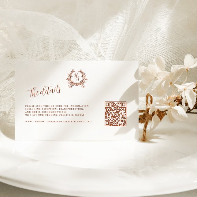 Elegant Terracotta Monogram Crest QR Code Wedding Enclosure Card (Creator Uploaded)