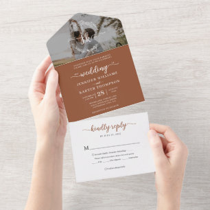 Elegant Terracotta Monogram Photo Rsvp Wedding All In One Invitation