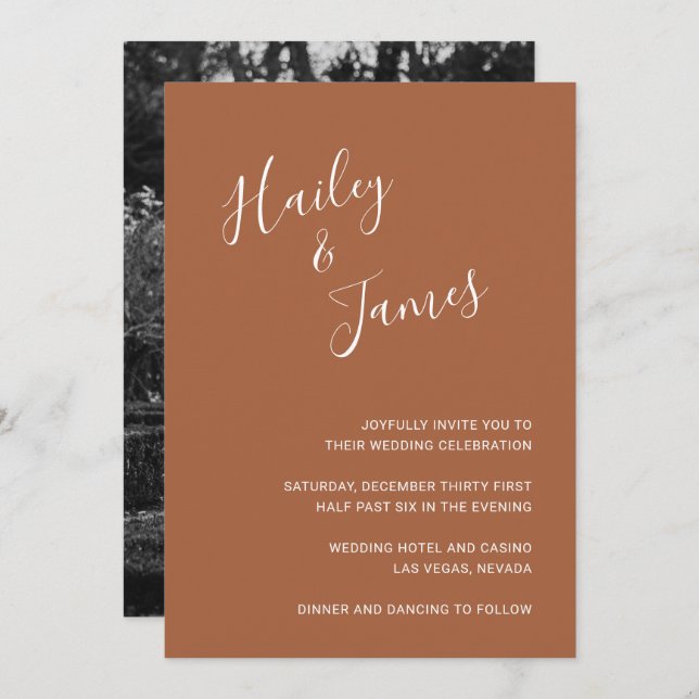 Elegant Terracotta Photo Modern Wedding Invitation (Front/Back)