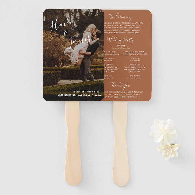 Elegant Terracotta Photo Modern Wedding Program Hand Fan (Front and Back)