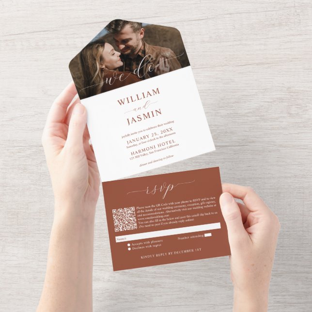Elegant Terracotta Photo Script QR code Wedding All In One Invitation (Tearaway)