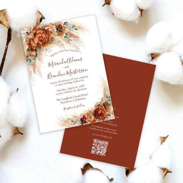 Elegant Terracotta QR Code Floral Boho Wedding Invitation (Creator Uploaded)