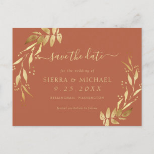 Elegant Terracotta Rust Gold Foliage Save the Date Announcement Postcard