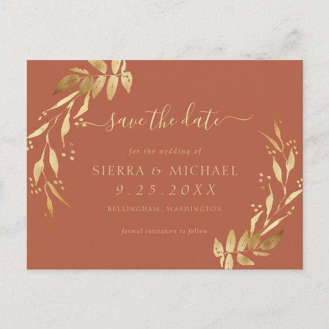 Elegant Terracotta Rust Gold Foliage Save the Date Announcement Postcard (Front)