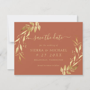 Elegant Terracotta Rust Gold Foliage Save the Date Invitation
