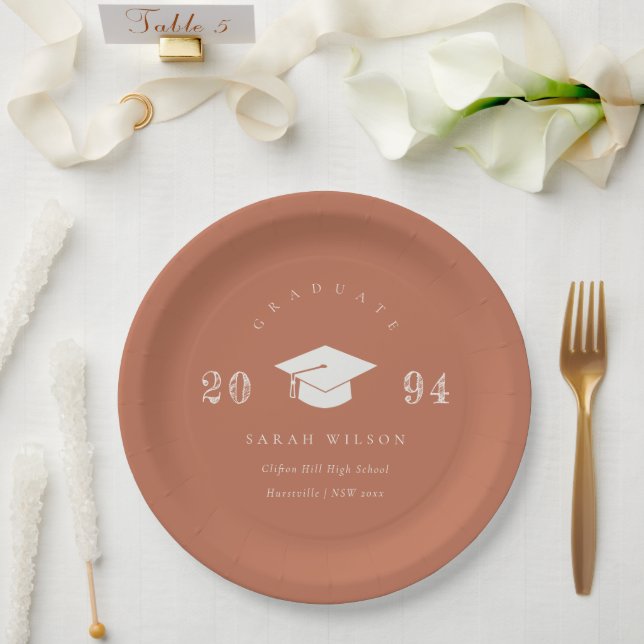 Elegant Terracotta Rust Minimal Simple Graduation Paper Plate (Wedding)
