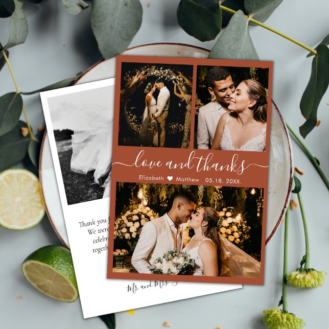 Elegant Terracotta Script 3 Photo Collage Wedding Thank You Card (Creator Uploaded)