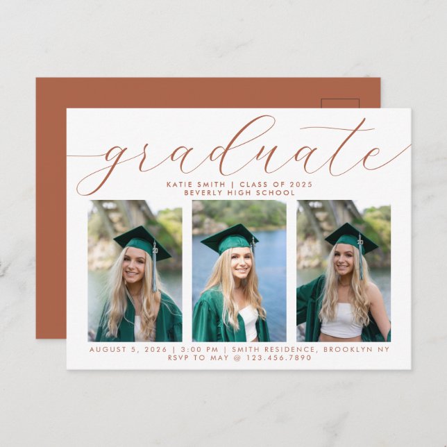 Elegant Terracotta Script Graduation 3 Photo Invitation Postcard (Front/Back)
