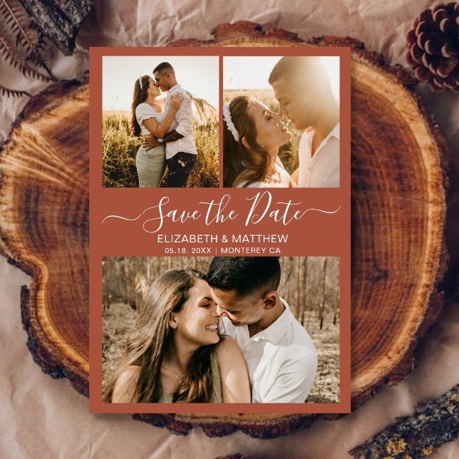 Elegant Terracotta Script Photo Collage Wedding Save The Date (Creator Uploaded)