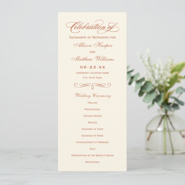 Elegant Terracotta Script Wedding Ceremony Programme (Standing Front)