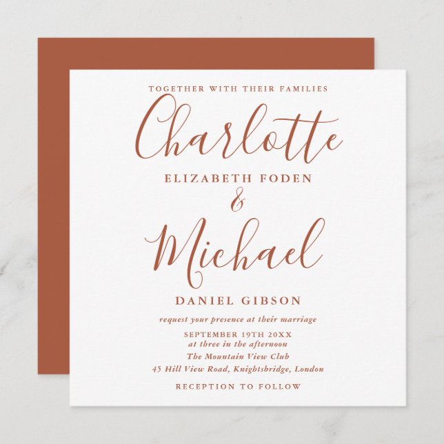 Elegant Terracotta Script Wedding Square Invitation (Front/Back)