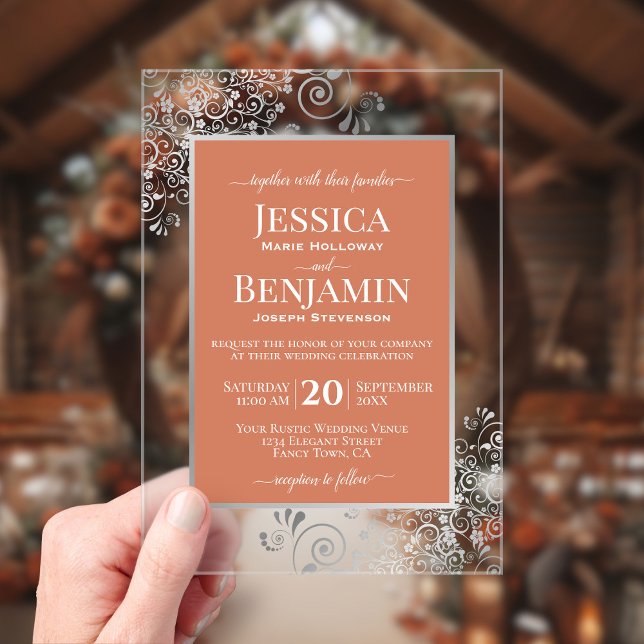 Elegant Terracotta & Silver Stylish Text Wedding Acrylic Invitations (Creator Uploaded)