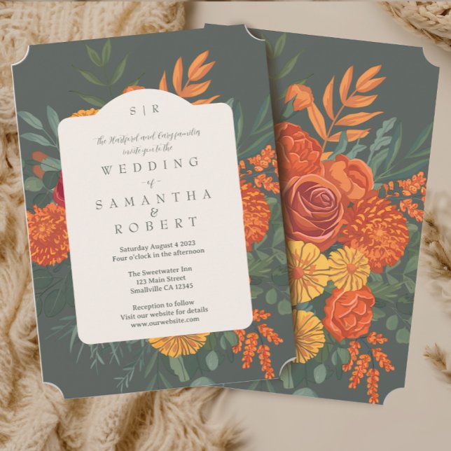 Elegant Terracotta Teal Fall Floral Border Invitation (Creator Uploaded)