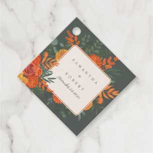 Elegant Terracotta Teal Fall Floral Border Wedding Favour Tags