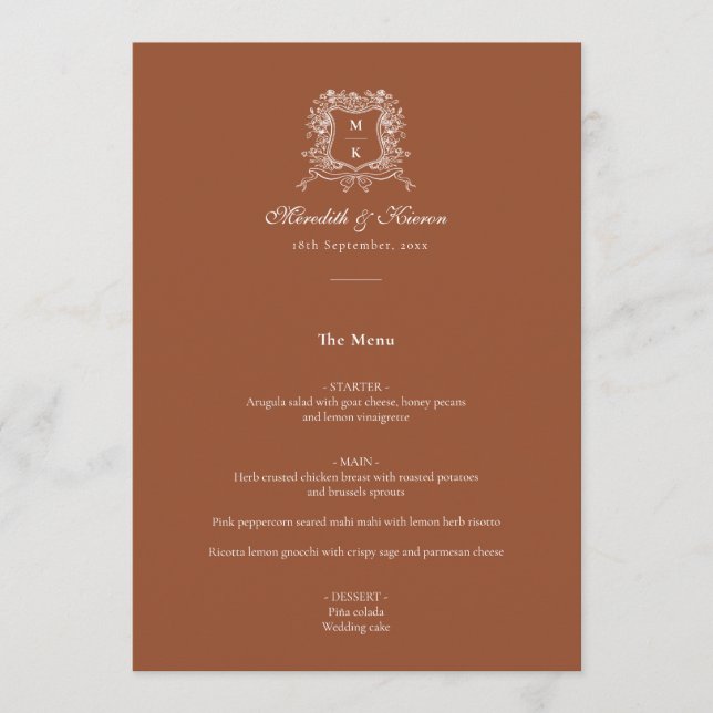 Elegant Terracotta Vintage Crest Thank You Wedding Menu (Front)