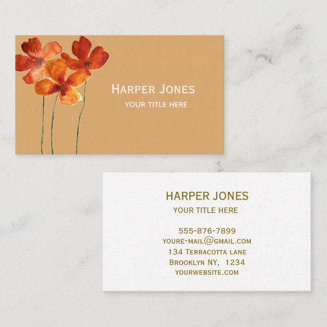 Elegant Terracotta Watercolor Fall Boho Floral Business Card (Front/Back)
