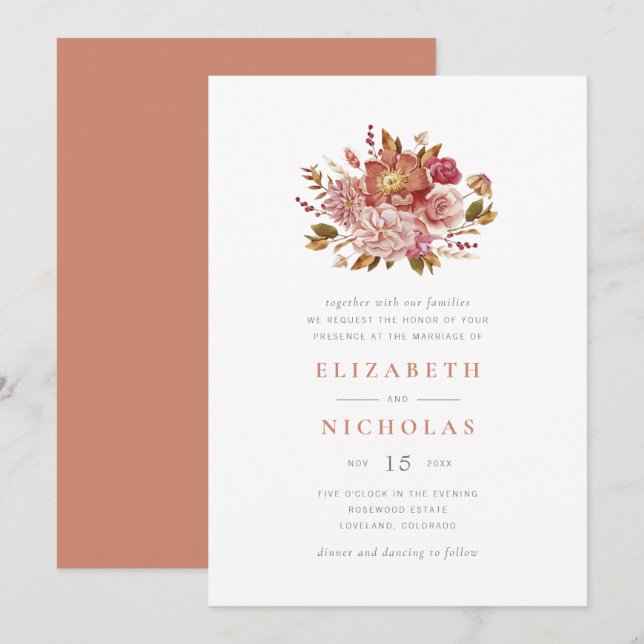 Elegant Terracotta Watercolor Floral Wedding Invitation (Front/Back)