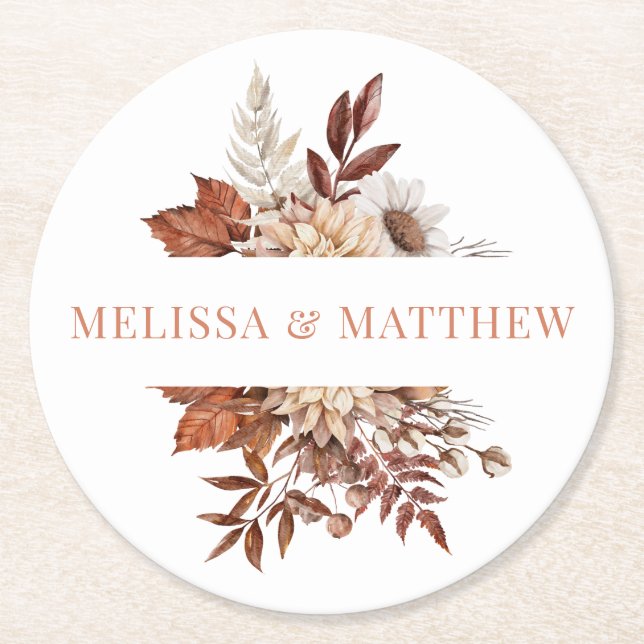 Elegant Terracotta Watercolor Floral Wedding Round Paper Coaster (Front)