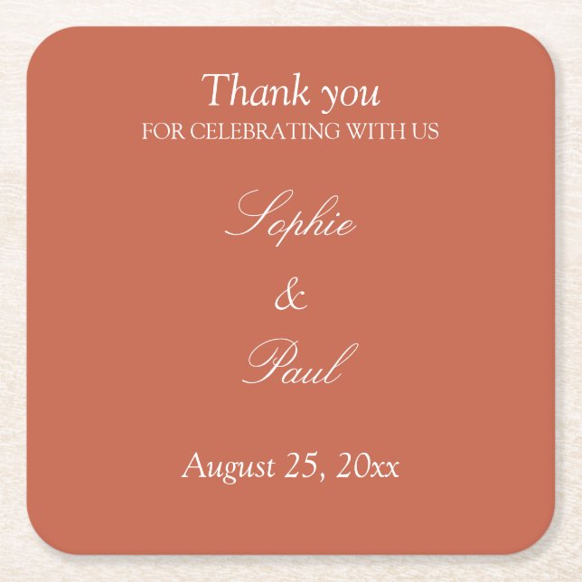Elegant Terracotta Wedding Thank You Square Paper Coaster (Front)