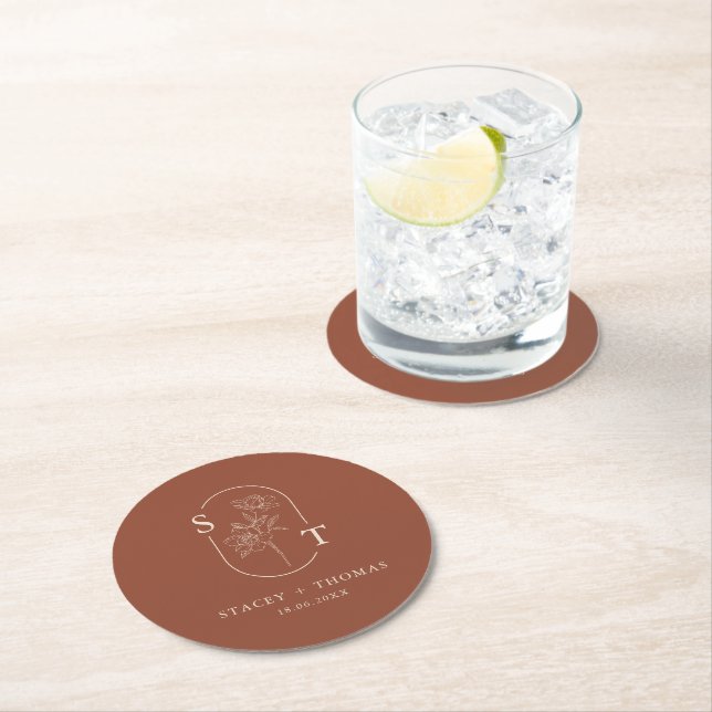 Elegant Terracotta Whimsical Wedding Sticker Round Paper Coaster (Insitu)