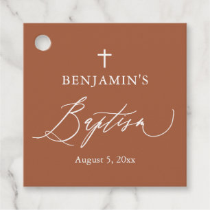 Elegant Terracotta White Cross Baptism Favour Tag