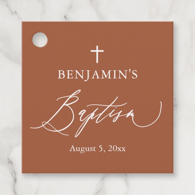 Elegant Terracotta White Cross Baptism Favour Tag (Front)