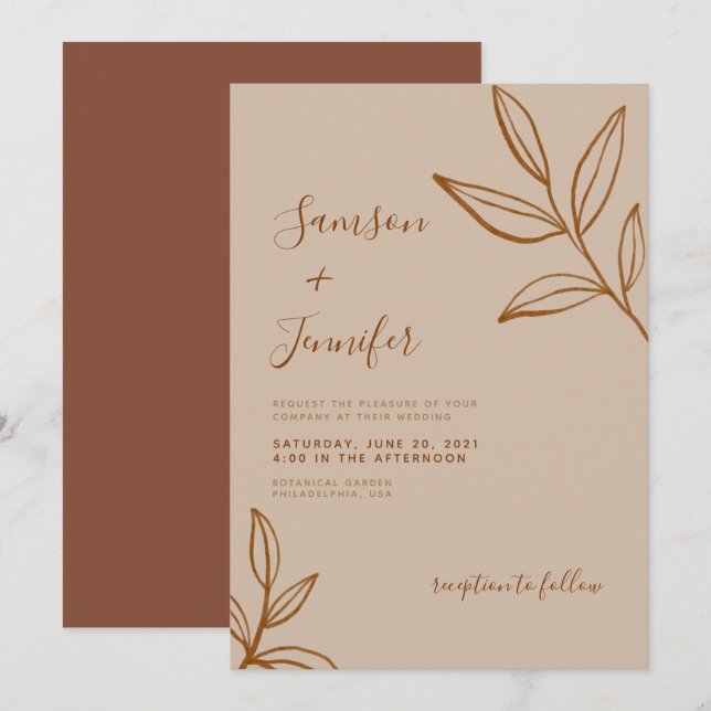 Elegant Terracotta with Leaves Boho Wedding Invitation (Front/Back)