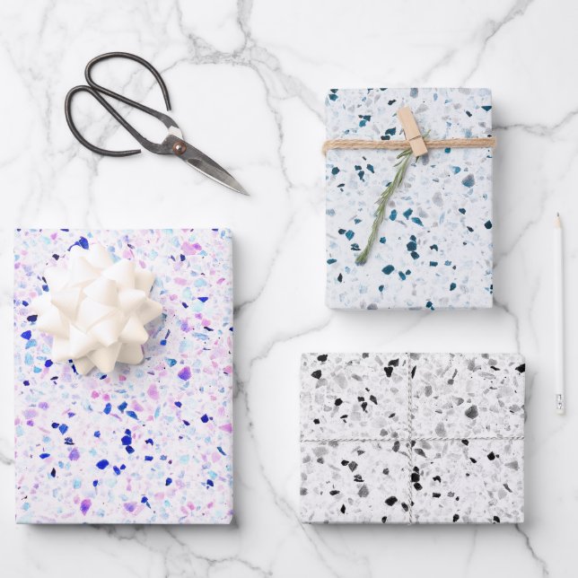 Elegant Terrazzo Purple Teal Black White Pattern Wrapping Paper Sheet (Front)