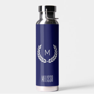Elegant Text, Monogram and Silver Laurel Wreath Water Bottle