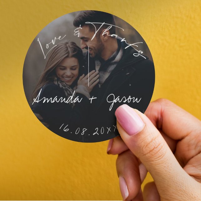 Elegant Text Overlay Photo Wedding Love & Thanks Classic Round Sticker (Creator Uploaded)