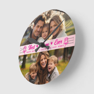 Elegant Text Photo Mother's Day Watercolor Pink Round Clock