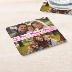 Elegant Text Photo Mother's Day Watercolor Pink Square Paper Coaster