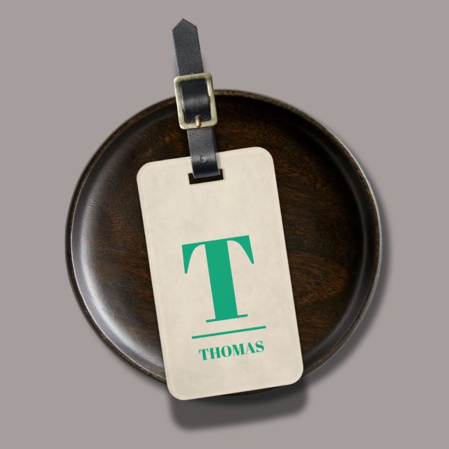 Elegant Texture Beige Bold Green Monogram Luggage Tag (Creator Uploaded)