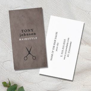 Elegant Texture Brown Black Scissors Hair Stylist Business Card