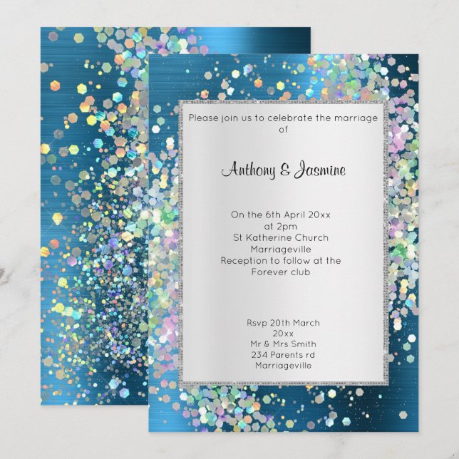 ELEGANT TEXTURED BLUE HOLOGRAPHIC PASTEL WEDDING INVITATION (Front/Back)