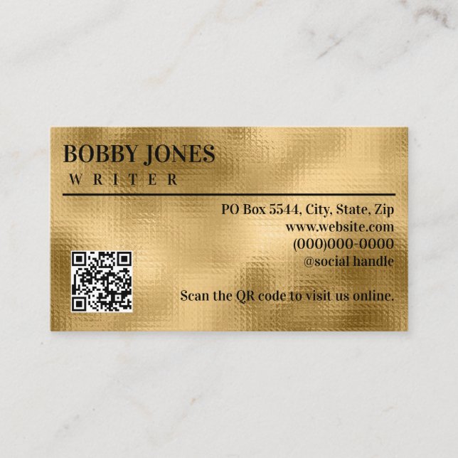 Elegant Textured Gold Foil Metallic QR Code Business Card (Front)