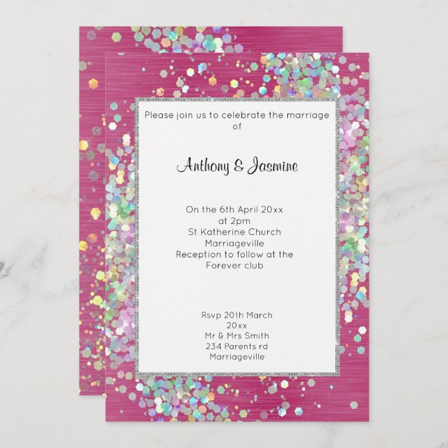 ELEGANT TEXTURED PINK HOLOGRAPHIC PASTEL WEDDING  INVITATION (Front/Back)