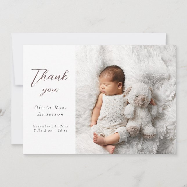 Elegant Thank Baby Photos Modern Calligraphy Birth Announcement (Front)
