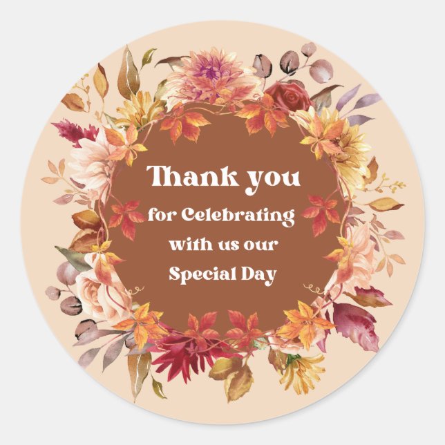 elegant thank you botanical floral fall wedding classic round sticker (Front)