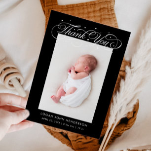 Elegant Thank You Calligraphy Black Birth Announcement