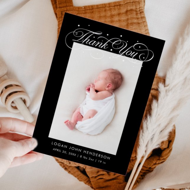 Elegant Thank You Calligraphy Black Birth Announcement (Creator Uploaded)