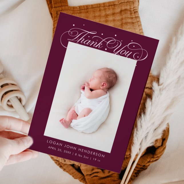 Elegant Thank You Calligraphy Cranberry Birth Announcement (Creator Uploaded)