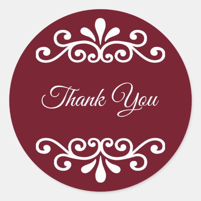 Elegant Thank You Calligraphy on Burgundy Classic Round Sticker (Front)
