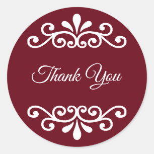 Elegant Thank You Calligraphy on Burgundy Classic Round Sticker