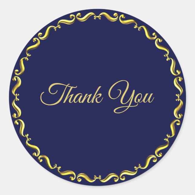 Elegant Thank You Calligraphy on Navy Blue Classic Round Sticker (Front)